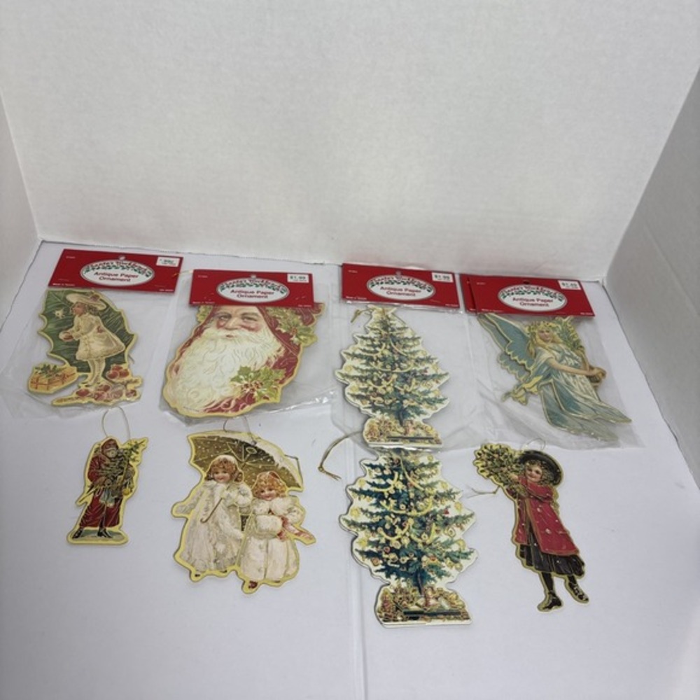 Santas Workbench Antique Paper Ornaments Lot of 8 Victorian Style Christmas Tree